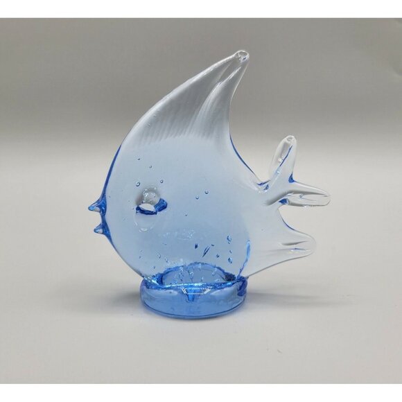Art Glass Angel Fish Blue Figurine Paperweight Hand Blown Ocean Sea Life - Picture 1 of 11